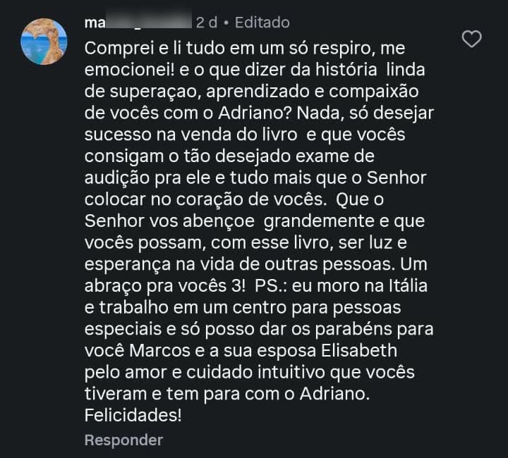 marcia_brasile: Comprei e li tudo em um só respiro.
Moro na Itália e trabalho em um centro para pessoas especiais.